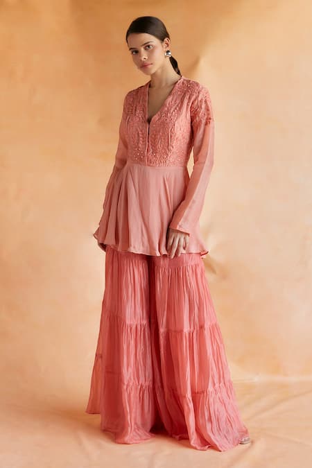 Shop Shruti Sancheti Peach Silk Embroidery, Mirrors Blossom Thread Peplum Top With Tiered Sharara at Aza Fashions Shop_Shruti Sancheti_Peach Silk Embroidery, Mirrors Blossom Thread Peplum Top With Tiered Sharara _at_Aza_Fashions