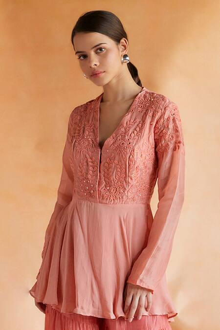 Shruti Sancheti Peach Silk Embroidery, Mirrors Blossom Thread Peplum Top With Tiered Sharara Online at Aza Fashions Shruti Sancheti_Peach Silk Embroidery, Mirrors Blossom Thread Peplum Top With Tiered Sharara _Online_at_Aza_Fashions