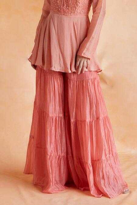 Buy Shruti Sancheti Peach Silk Embroidery, Mirrors Blossom Thread Peplum Top With Tiered Sharara Online at Aza Fashions Buy_Shruti Sancheti_Peach Silk Embroidery, Mirrors Blossom Thread Peplum Top With Tiered Sharara _Online_at_Aza_Fashions