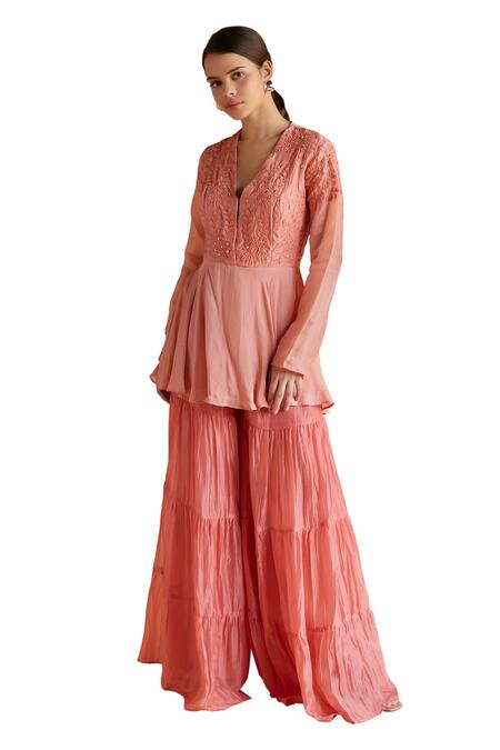 Shop Shruti Sancheti Peach Silk Embroidery, Mirrors Blossom Thread Peplum Top With Tiered Sharara Online at Aza Fashions Shop_Shruti Sancheti_Peach Silk Embroidery, Mirrors Blossom Thread Peplum Top With Tiered Sharara _Online_at_Aza_Fashions