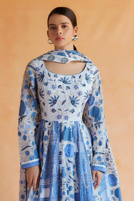 Shruti Sancheti White Silk Embroidery, Chintz And Paisley Checkered Print Anarkali With Dupatta Online at Aza Fashions Shruti Sancheti_White Silk Embroidery, Chintz And Paisley Checkered Print Anarkali With Dupatta _Online_at_Aza_Fashions