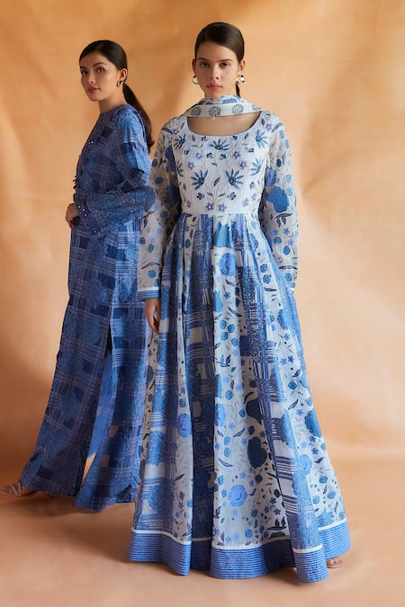 Shop Shruti Sancheti White Silk Embroidery, Chintz And Paisley Checkered Print Anarkali With Dupatta Online at Aza Fashions Shop_Shruti Sancheti_White Silk Embroidery, Chintz And Paisley Checkered Print Anarkali With Dupatta _Online_at_Aza_Fashions