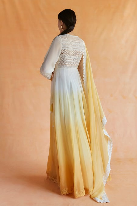 Shop Shruti Sancheti Yellow Silk Embroidery, Lace V-neck Floral Thread Ombre Angarkha Anarkali Set at Aza Fashions Shop_Shruti Sancheti_Yellow Silk Embroidery, Lace V-neck Floral Thread Ombre Angarkha Anarkali Set _at_Aza_Fashions