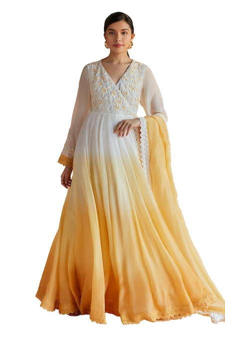 Shruti Sancheti Yellow Silk Embroidery, Lace V-neck Floral Thread Ombre Angarkha Anarkali Set Online at Aza Fashions Shruti Sancheti_Yellow Silk Embroidery, Lace V-neck Floral Thread Ombre Angarkha Anarkali Set _Online_at_Aza_Fashions