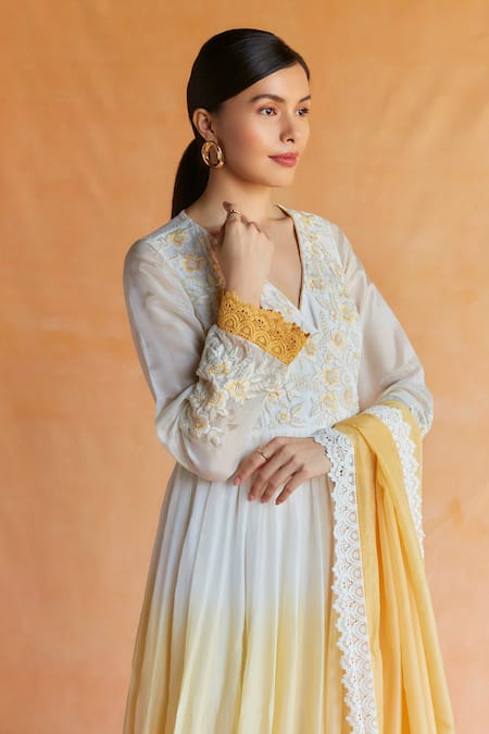 Buy Shruti Sancheti Yellow Silk Embroidery, Lace V-neck Floral Thread Ombre Angarkha Anarkali Set Online at Aza Fashions Buy_Shruti Sancheti_Yellow Silk Embroidery, Lace V-neck Floral Thread Ombre Angarkha Anarkali Set _Online_at_Aza_Fashions