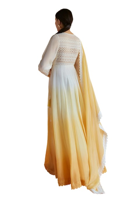 Shop Shruti Sancheti Yellow Silk Embroidery, Lace V-neck Floral Thread Ombre Angarkha Anarkali Set Online at Aza Fashions Shop_Shruti Sancheti_Yellow Silk Embroidery, Lace V-neck Floral Thread Ombre Angarkha Anarkali Set _Online_at_Aza_Fashions