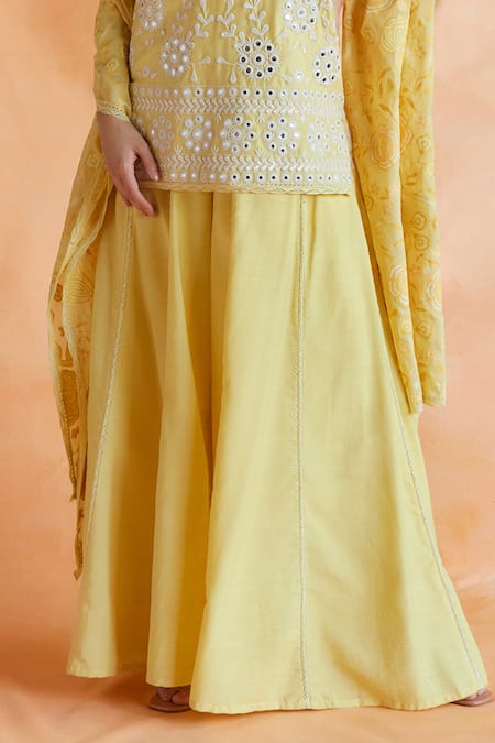 Shruti Sancheti Yellow Silk Mirrors, Embroidery V-neck Sheesh Bloom Garden Kurta Palazzo Set Online at Aza Fashions Shruti Sancheti_Yellow Silk Mirrors, Embroidery V-neck Sheesh Bloom Garden Kurta Palazzo Set _Online_at_Aza_Fashions
