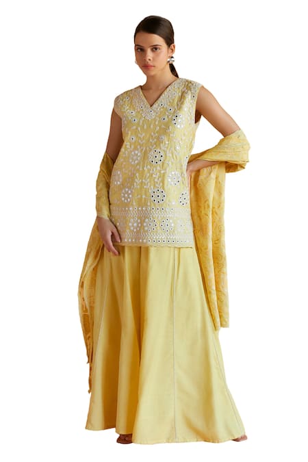 Buy Shruti Sancheti Yellow Silk Mirrors, Embroidery V-neck Sheesh Bloom Garden Kurta Palazzo Set Online at Aza Fashions Buy_Shruti Sancheti_Yellow Silk Mirrors, Embroidery V-neck Sheesh Bloom Garden Kurta Palazzo Set _Online_at_Aza_Fashions