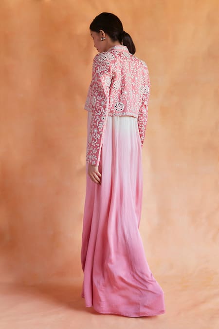 Shop Shruti Sancheti Pink Hemp, Silk Sheesh Bloom Garden Crop Jacket With Ombre Maxi Dress at Aza Fashions Shop_Shruti Sancheti_Pink Hemp, Silk Sheesh Bloom Garden Crop Jacket With Ombre Maxi Dress _at_Aza_Fashions