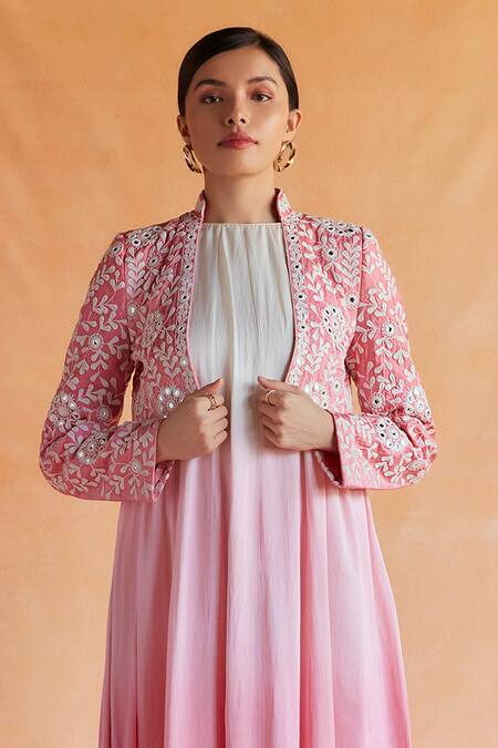 Shruti Sancheti Pink Hemp, Silk Sheesh Bloom Garden Crop Jacket With Ombre Maxi Dress Online at Aza Fashions Shruti Sancheti_Pink Hemp, Silk Sheesh Bloom Garden Crop Jacket With Ombre Maxi Dress _Online_at_Aza_Fashions