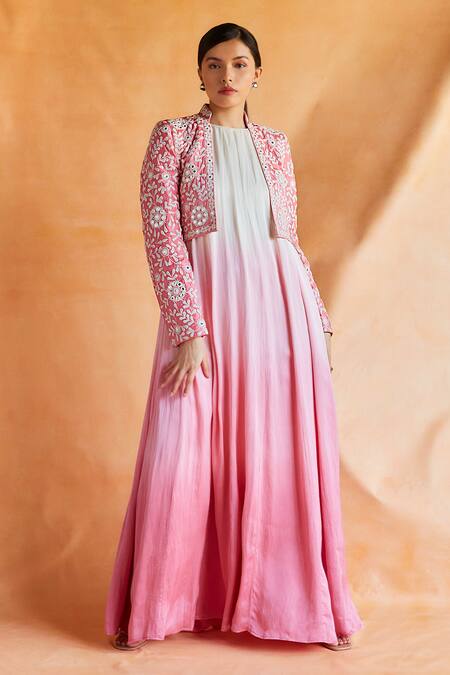 Shop Shruti Sancheti Pink Hemp, Silk Sheesh Bloom Garden Crop Jacket With Ombre Maxi Dress Online at Aza Fashions Shop_Shruti Sancheti_Pink Hemp, Silk Sheesh Bloom Garden Crop Jacket With Ombre Maxi Dress _Online_at_Aza_Fashions