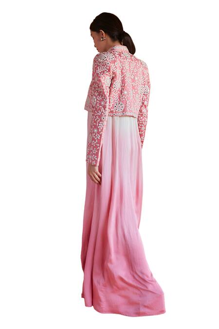 Shruti Sancheti Pink Hemp, Silk Sheesh Bloom Garden Crop Jacket With Ombre Maxi Dress at Aza Fashions Shruti Sancheti_Pink Hemp, Silk Sheesh Bloom Garden Crop Jacket With Ombre Maxi Dress _at_Aza_Fashions
