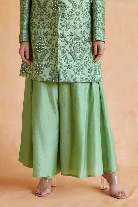 Shruti Sancheti Green Silk Embroidery Sheesh Bloom Blazer With Palazzo Online at Aza Fashions Shruti Sancheti_Green Silk Embroidery Sheesh Bloom Blazer With Palazzo _Online_at_Aza_Fashions