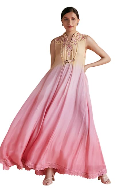 Shruti Sancheti Pink Silk Embroidery V-neck Bloom Patchwork Ombre Maxi Dress Online at Aza Fashions Shruti Sancheti_Pink Silk Embroidery V-neck Bloom Patchwork Ombre Maxi Dress _Online_at_Aza_Fashions