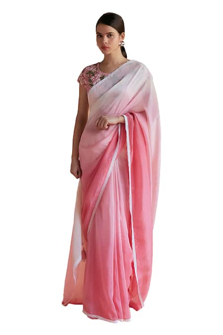 Shruti Sancheti Pink Silk, Hemp Embroidery Round Neck Ombre Lace Border Saree With Bloom Blouse Online at Aza Fashions Shruti Sancheti_Pink Silk, Hemp Embroidery Round Neck Ombre Lace Border Saree With Bloom Blouse _Online_at_Aza_Fashions