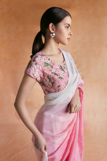 Buy Shruti Sancheti Pink Silk, Hemp Embroidery Round Neck Ombre Lace Border Saree With Bloom Blouse Online at Aza Fashions Buy_Shruti Sancheti_Pink Silk, Hemp Embroidery Round Neck Ombre Lace Border Saree With Bloom Blouse _Online_at_Aza_Fashions