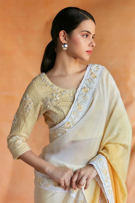 Shop Shruti Sancheti Yellow Silk, Hemp Embroidery Round Neck Ombre Bloom Border Saree With Blouse at Aza Fashions Shop_Shruti Sancheti_Yellow Silk, Hemp Embroidery Round Neck Ombre Bloom Border Saree With Blouse _at_Aza_Fashions