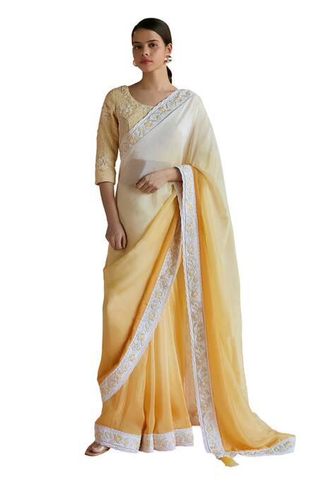 Shruti Sancheti Yellow Silk, Hemp Embroidery Round Neck Ombre Bloom Border Saree With Blouse Online at Aza Fashions Shruti Sancheti_Yellow Silk, Hemp Embroidery Round Neck Ombre Bloom Border Saree With Blouse _Online_at_Aza_Fashions