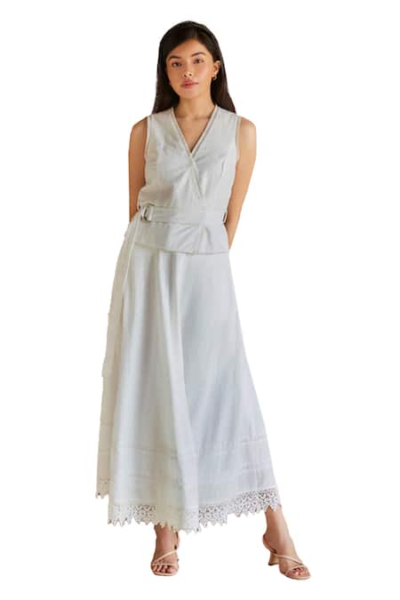 Shop Shruti Sancheti White Cotton Lace, Buckles V-neck Embellished Top Skirt Set Online at Aza Fashions Shop_Shruti Sancheti_White Cotton Lace, Buckles V-neck Embellished Top Skirt Set _Online_at_Aza_Fashions