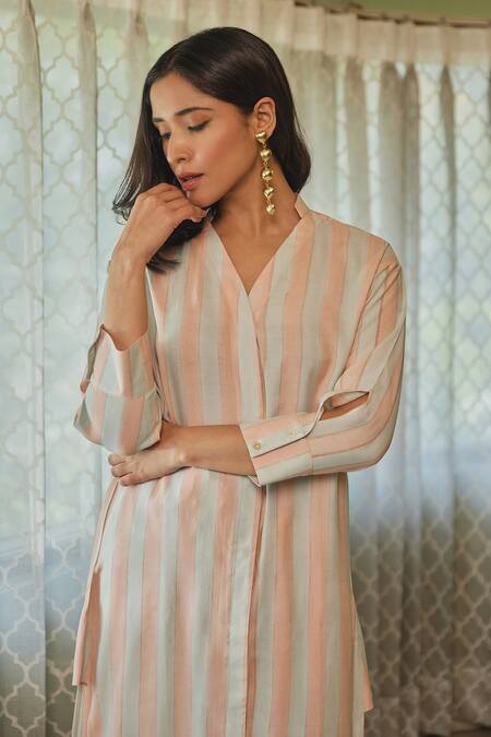 Buy Kapraaaha Pink Muslin Collared Striped Tunic And Pant Set Buy_Kapraaaha_Pink Muslin Collared Striped Tunic And Pant Set