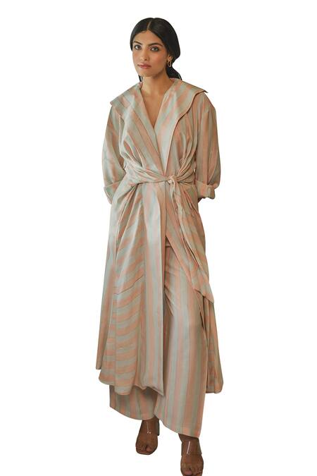 Kapraaaha_Pink Muslin Shawl Neck Striped Jacket And Pant Set_Online_at_Aza_Fashions