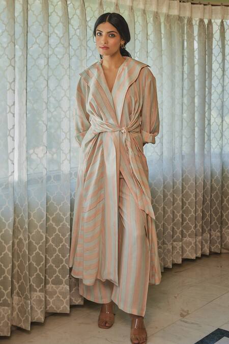 Buy_Kapraaaha_Pink Muslin Shawl Neck Striped Jacket And Pant Set_Online_at_Aza_Fashions