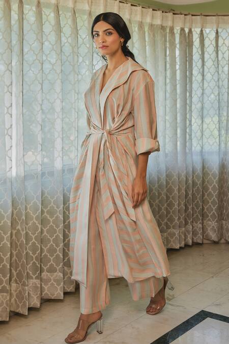 Shop_Kapraaaha_Pink Muslin Shawl Neck Striped Jacket And Pant Set_Online_at_Aza_Fashions