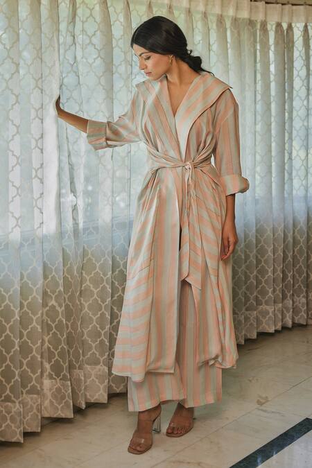 Kapraaaha_Pink Muslin Shawl Neck Striped Jacket And Pant Set_at_Aza_Fashions