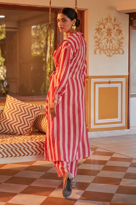 Shop_Kapraaaha_Pink Muslin Shawl Neck Striped Tie-up Jacket And Pant Set_at_Aza_Fashions