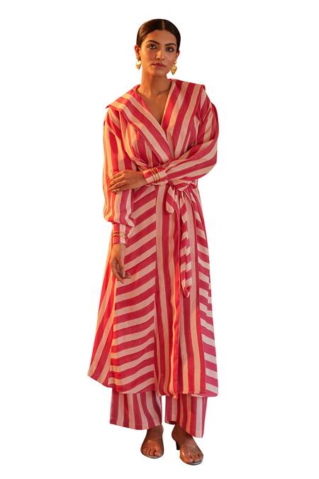 Kapraaaha_Pink Muslin Shawl Neck Striped Tie-up Jacket And Pant Set_Online_at_Aza_Fashions