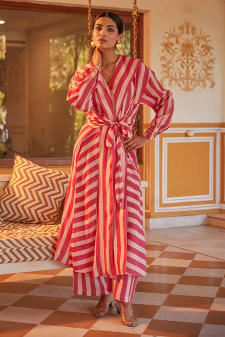Buy_Kapraaaha_Pink Muslin Shawl Neck Striped Tie-up Jacket And Pant Set_Online_at_Aza_Fashions