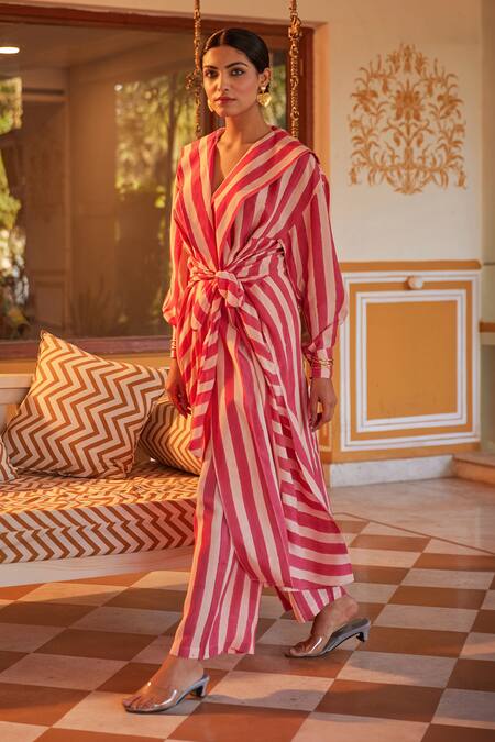 Shop_Kapraaaha_Pink Muslin Shawl Neck Striped Tie-up Jacket And Pant Set_Online_at_Aza_Fashions