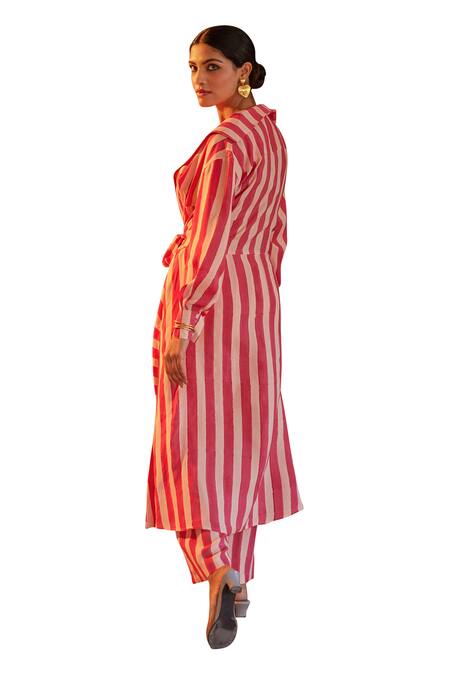 Kapraaaha_Pink Muslin Shawl Neck Striped Tie-up Jacket And Pant Set_at_Aza_Fashions