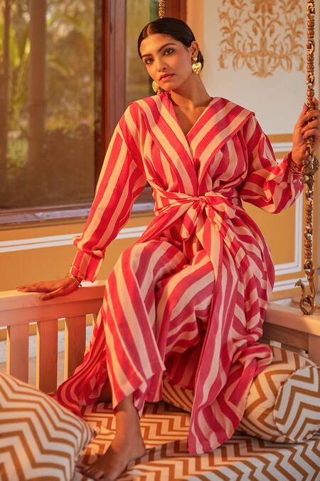 Shop_Kapraaaha_Pink Muslin Shawl Neck Striped Tie-up Jacket And Pant Set