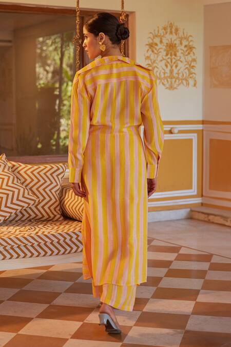 Shop_Kapraaaha_Yellow Muslin Shawl Neck Tie-up Striped Jacket And Pant Set _at_Aza_Fashions