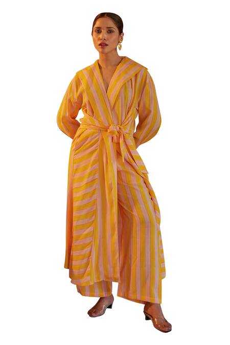 Kapraaaha_Yellow Muslin Shawl Neck Tie-up Striped Jacket And Pant Set _Online_at_Aza_Fashions