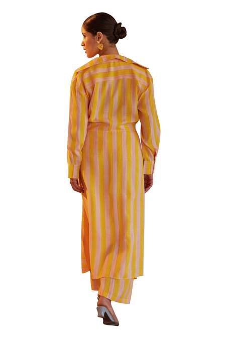 Buy_Kapraaaha_Yellow Muslin Shawl Neck Tie-up Striped Jacket And Pant Set _Online_at_Aza_Fashions