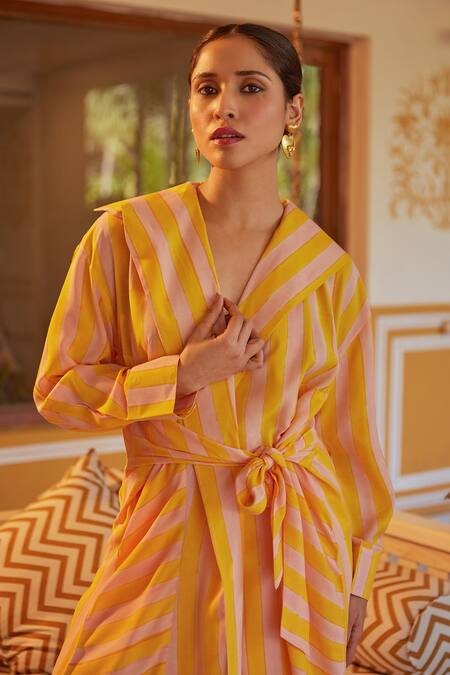 Shop_Kapraaaha_Yellow Muslin Shawl Neck Tie-up Striped Jacket And Pant Set _Online_at_Aza_Fashions