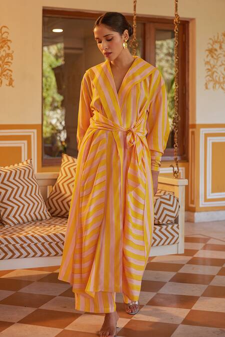 Kapraaaha_Yellow Muslin Shawl Neck Tie-up Striped Jacket And Pant Set _at_Aza_Fashions