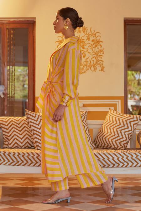 Shop_Kapraaaha_Yellow Muslin Shawl Neck Tie-up Striped Jacket And Pant Set 