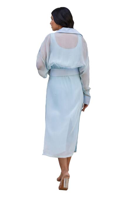 Kapraaaha Blue Muslin, Organza, Cotton Collared Straight Dress With Jacket Online at Aza Fashions Kapraaaha_Blue Muslin, Organza, Cotton Collared Straight Dress With Jacket_Online_at_Aza_Fashions