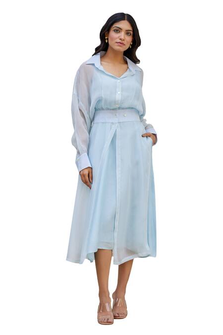 Buy Kapraaaha Blue Muslin, Organza, Cotton Collared Straight Dress With Jacket Online at Aza Fashions Buy_Kapraaaha_Blue Muslin, Organza, Cotton Collared Straight Dress With Jacket_Online_at_Aza_Fashions