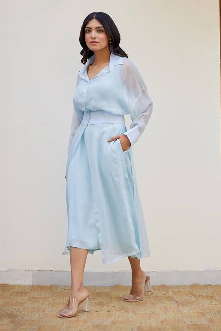 Shop Kapraaaha Blue Muslin, Organza, Cotton Collared Straight Dress With Jacket Online at Aza Fashions Shop_Kapraaaha_Blue Muslin, Organza, Cotton Collared Straight Dress With Jacket_Online_at_Aza_Fashions