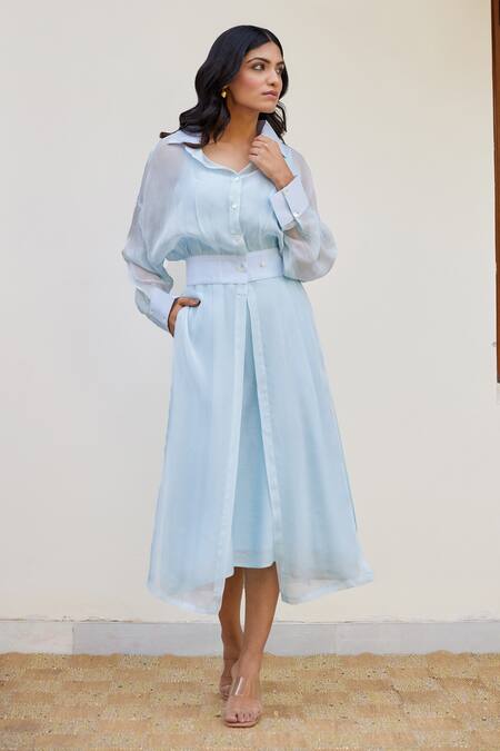 Kapraaaha Blue Muslin, Organza, Cotton Collared Straight Dress With Jacket at Aza Fashions Kapraaaha_Blue Muslin, Organza, Cotton Collared Straight Dress With Jacket_at_Aza_Fashions