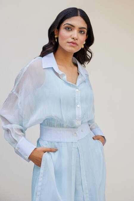 Buy Kapraaaha Blue Muslin, Organza, Cotton Collared Straight Dress With Jacket Buy_Kapraaaha_Blue Muslin, Organza, Cotton Collared Straight Dress With Jacket