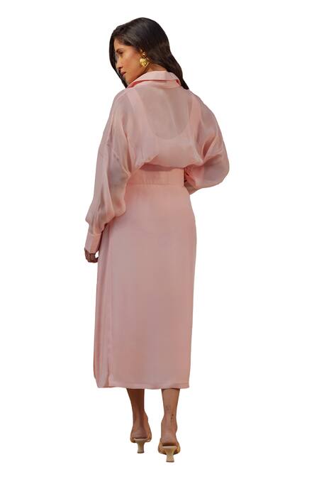 Kapraaaha_Pink Muslin, Organza, Cotton Collared Straight Dress With Jacket _Online_at_Aza_Fashions
