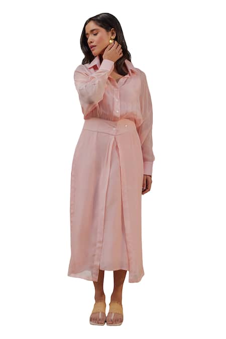 Buy_Kapraaaha_Pink Muslin, Organza, Cotton Collared Straight Dress With Jacket _Online_at_Aza_Fashions