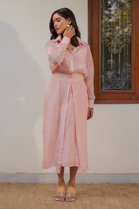 Shop_Kapraaaha_Pink Muslin, Organza, Cotton Collared Straight Dress With Jacket _Online_at_Aza_Fashions