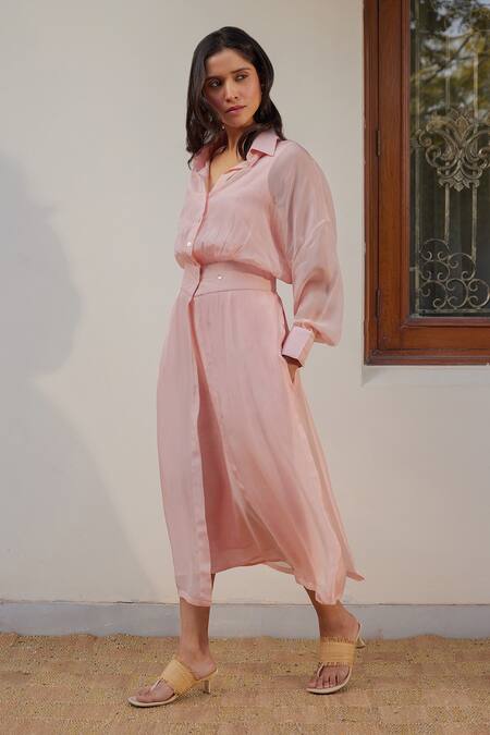 Kapraaaha_Pink Muslin, Organza, Cotton Collared Straight Dress With Jacket _at_Aza_Fashions