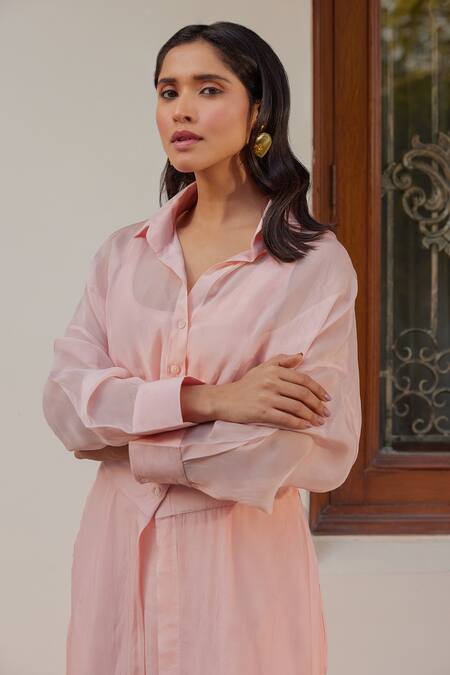 Buy_Kapraaaha_Pink Muslin, Organza, Cotton Collared Straight Dress With Jacket 